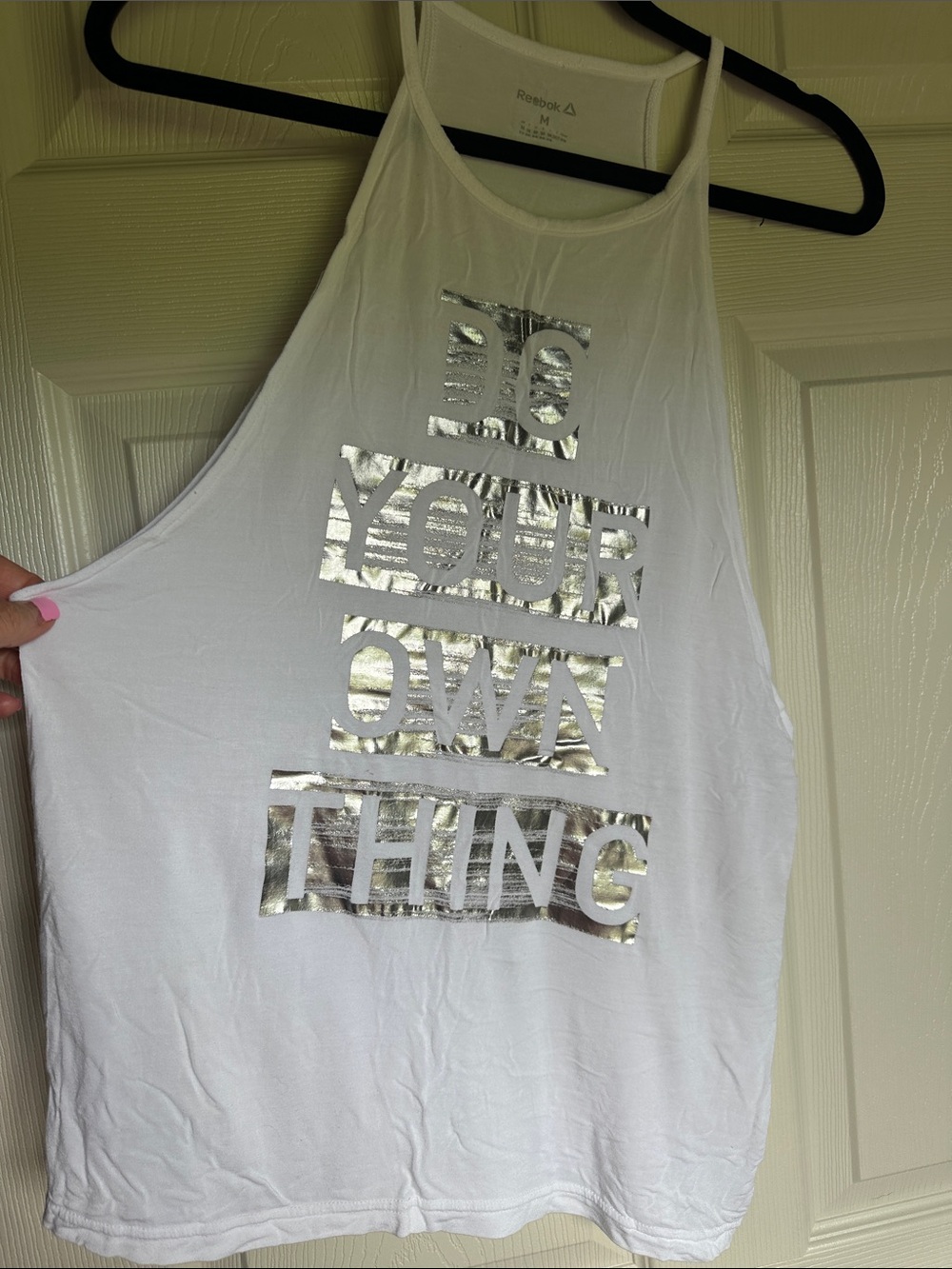 Reebok White Tank with Silver Foil Slogan